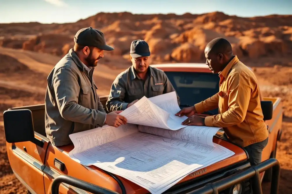 Prime Ore Africa site team reviewing plans at a mine